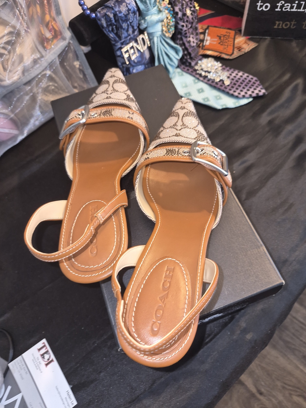 Coach Brown Signature Pointed Slingback Mules with Buckle - Picture 3 of 6